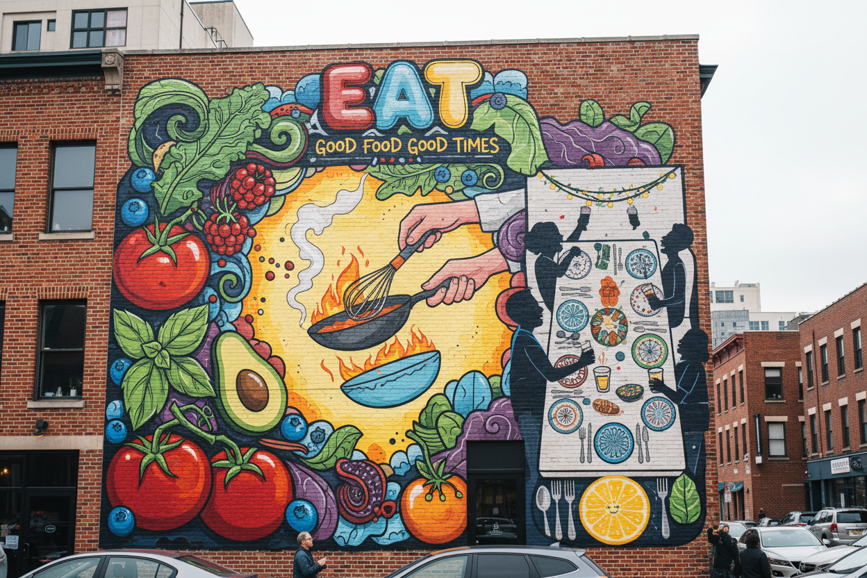 Large outdoor mural for restaurant on building